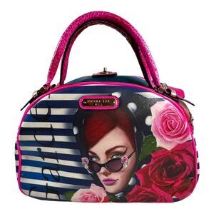Nicole Lee Pink Striped Rose Handbag Garden Womans Face Print BOHO KItsch READ
